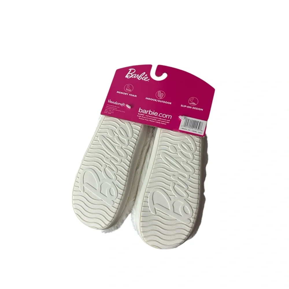 Mattel Barbie White Plush Slippers with Pink Heart Accent